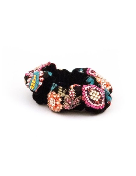 Black Floral Mosaic Scrunchie handmade in France - Couture Scrunchies | MC Davidian