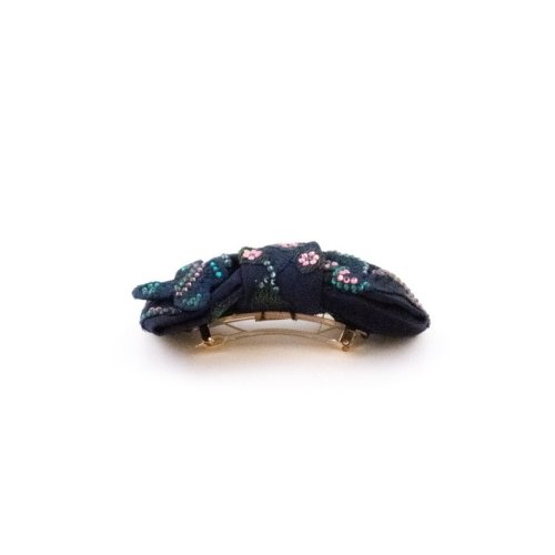 Navy Embroidered Flowers Barrette