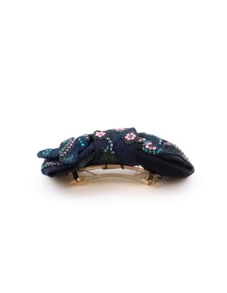 Navy Embroidered Flowers Barrette handmade in France - Couture Barrette | MC Davidian