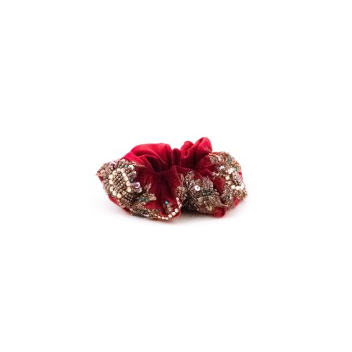 Embroidered Red Velvet Scrunchie