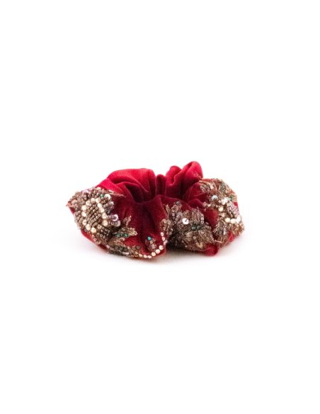 Embroidered Red Velvet Scrunchie - [Product category] handmade in France.