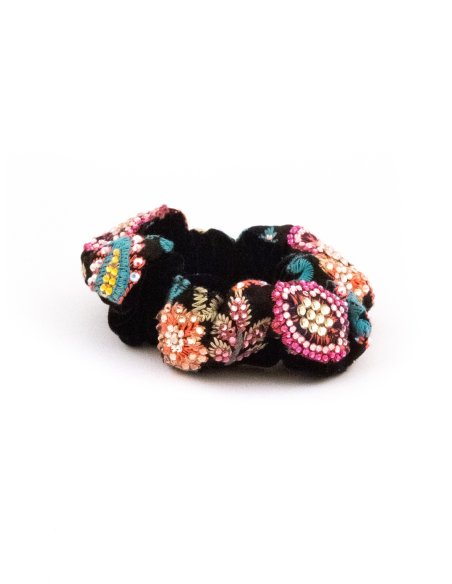 Black Floral Mosaic Scrunchie - [Product category] handmade in France.