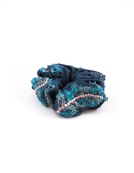 Midnight Blue Lace Scrunchie - [Product category] handmade in France.