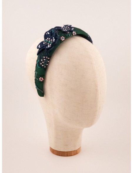 Green Floral Bow Headband - [Product category] handmade in France.