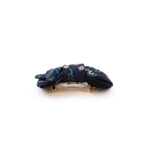 Navy Embroidered Flowers Barrette