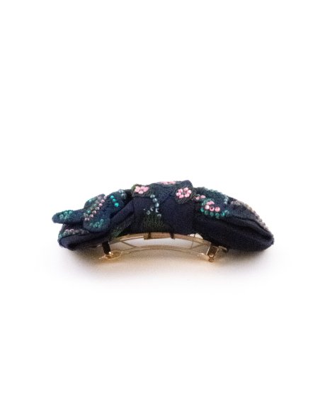 Navy Embroidered Flowers Barrette - [Product category] handmade in France.