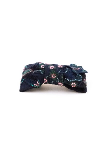 Navy Embroidered Flowers Barrette - [Product category] handmade in France.