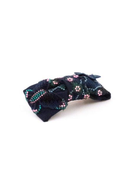 Navy Embroidered Flowers Barrette - [Product category] handmade in France.