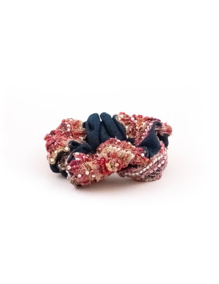 Pink & Navy Arabesque Scrunchie - [Product category] handmade in France.